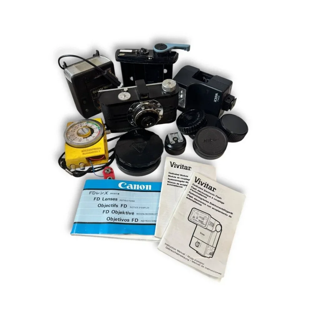 Vintage Camera & Flash Accessory Lot Nikon Canon Vivitar Graflex Mixed Pieces